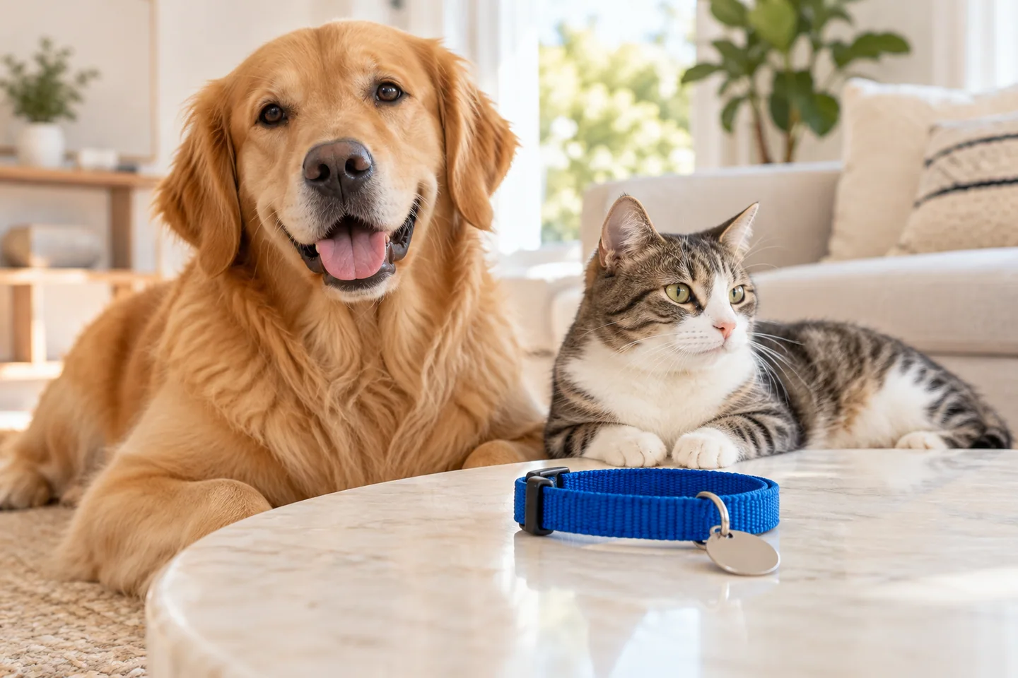 Ilustrasi anjing dan kucing dengan kalung serta tanda identitas hewan
